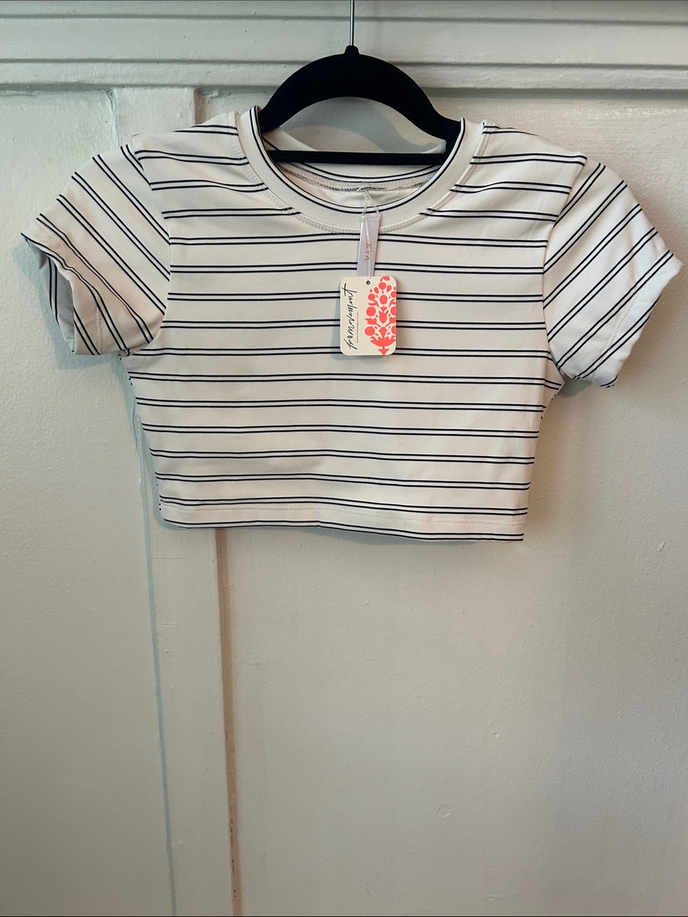 NWT FP Movement by Free People Kya Swim Top White Crop Tee with Black Stripes XS